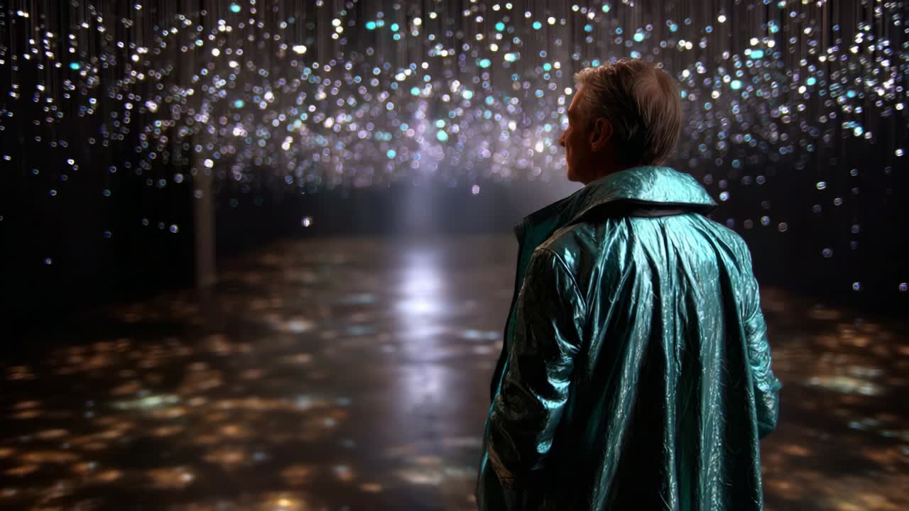 A captivating perspective of an individual gazing into a mesmerizing illuminated space filled with shimmering lights and reflections, creating an enchanting atmosphere that evokes wonder and exploration