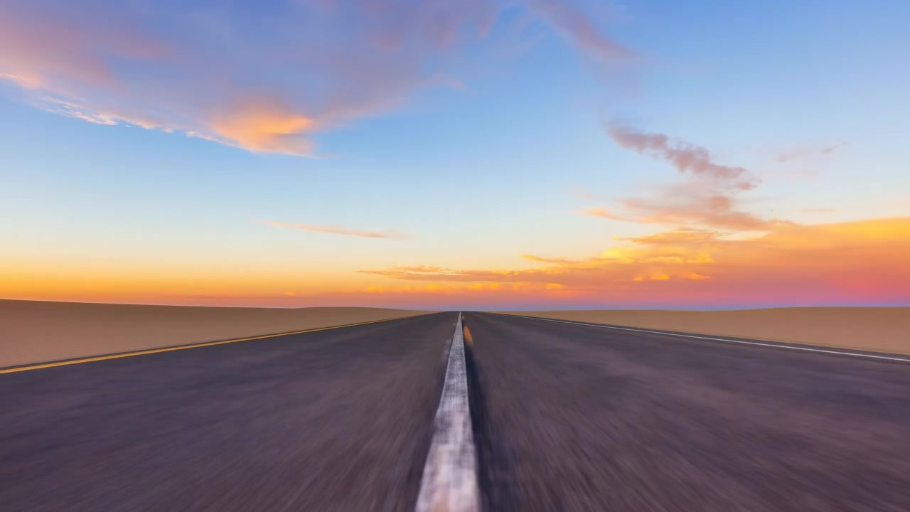 Empty two-lane asphalt highway viewed from very low center position, white stripe and faded yellow markings drawing strong perspective toward distant horizon under warm sunset light and blue sky