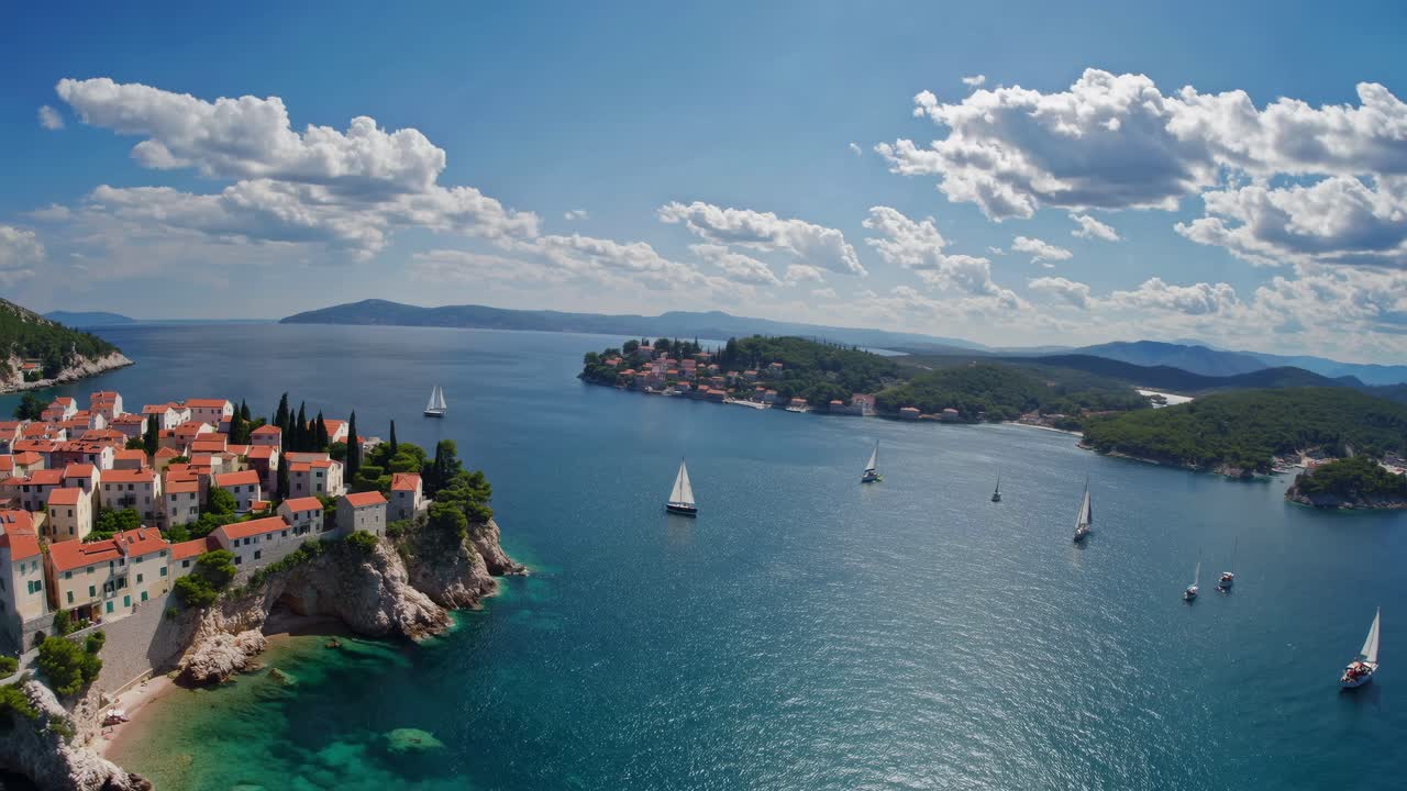 Aerial video view of a picturesque coastal village with sailboats on clear blue waters