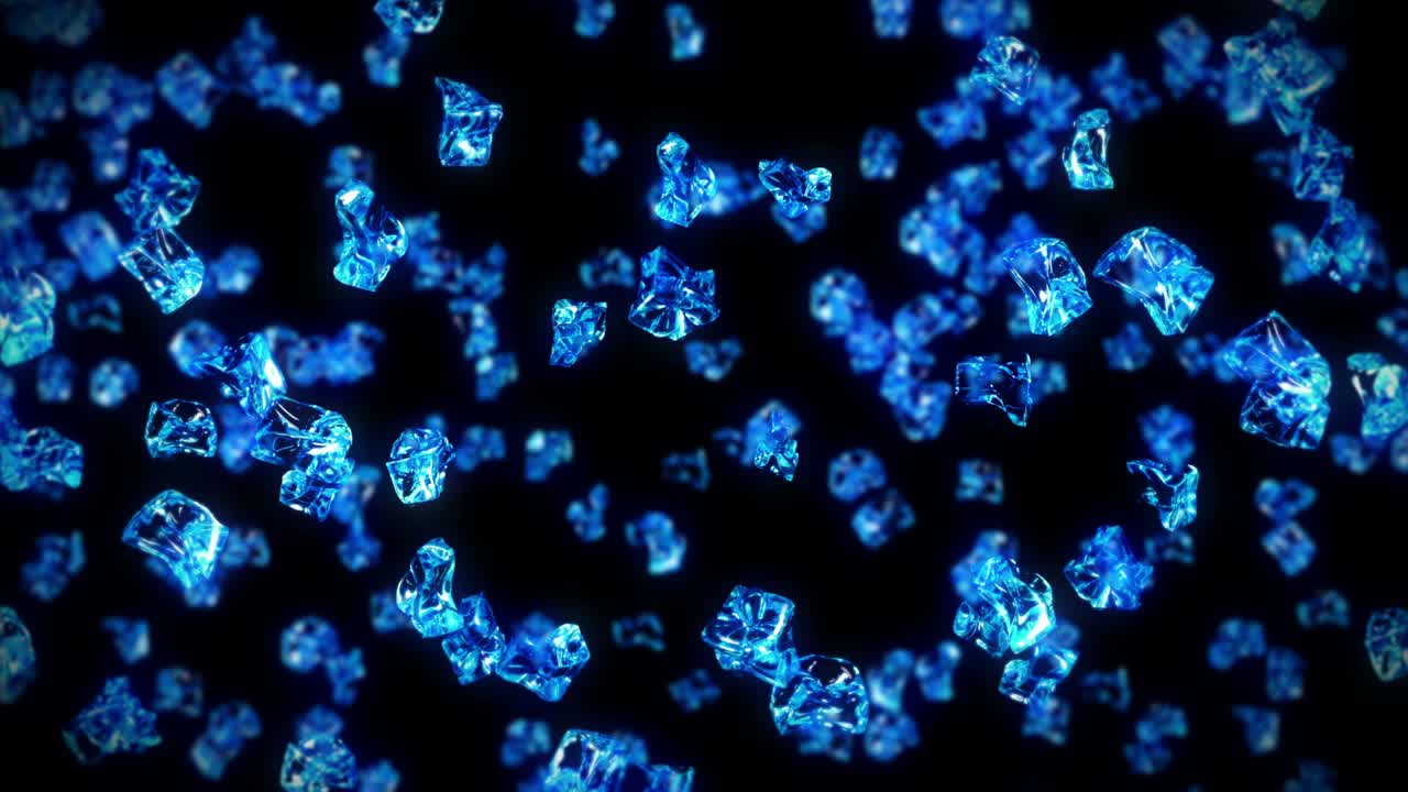 Flying many clean ice cubes on black background. Pieces of crushed ice, Natural water. 3D animation of crushed ice rotating. Loop animation.