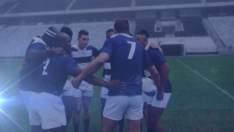 Animation-of-glowing-lights-over-diverse-rugby-players-in-rugby-field