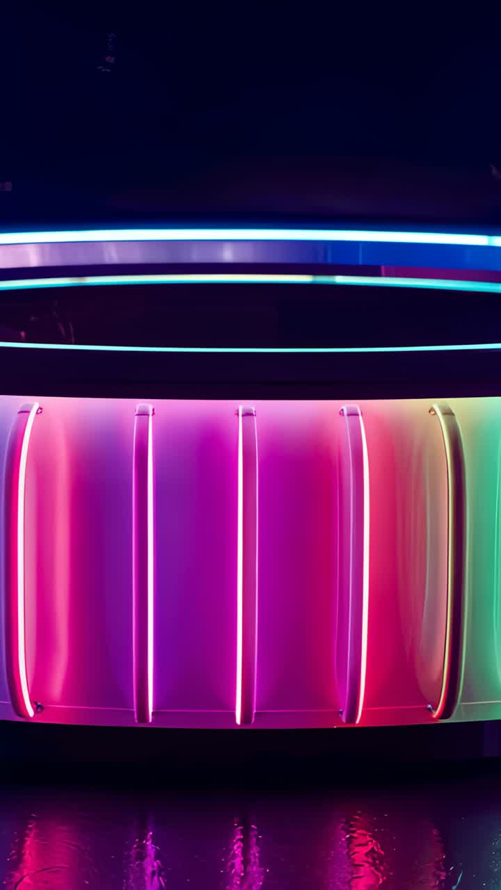 Vertical video: Sequence starting curved light shifting colors in club, neon ring, floor mirroring