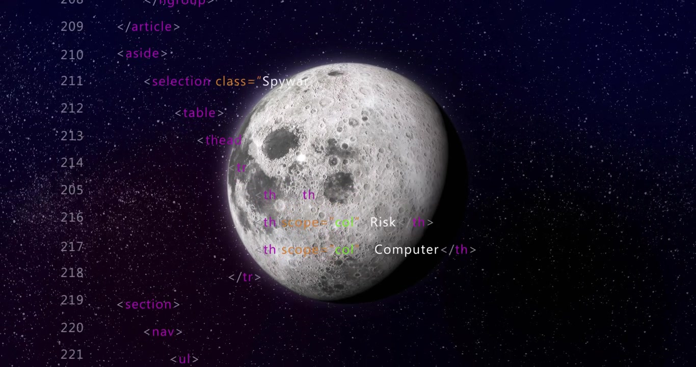 On start HTML code fragments scrolling upward while Moon rotating, showing cybersecurity concept