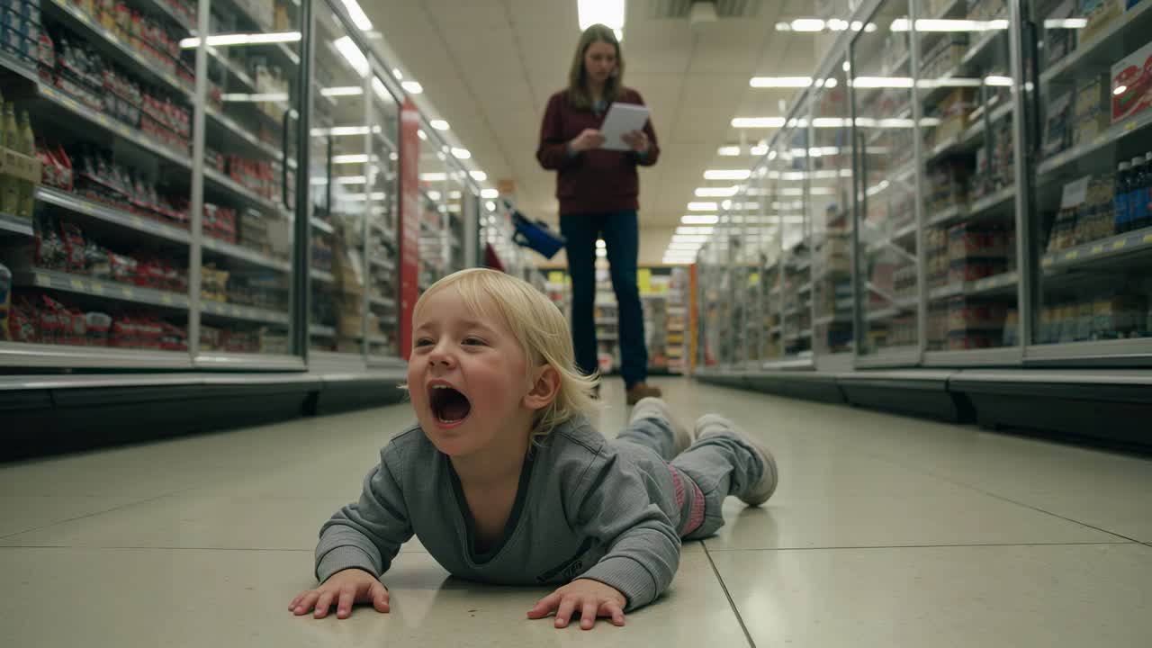 Crying toddler starting tantrum on floor in store aisle, parent holding shopping list and cart