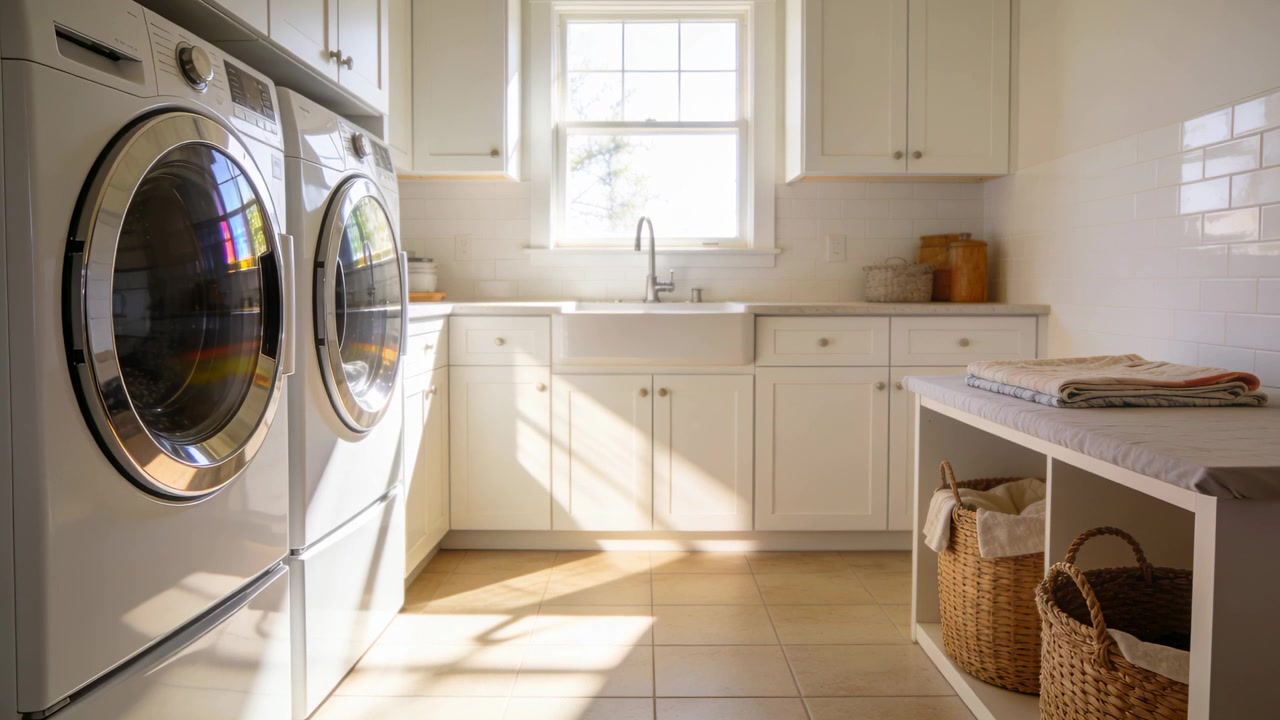 Streaming light through window shifting on washer or dryer doors in laundry room, copy space