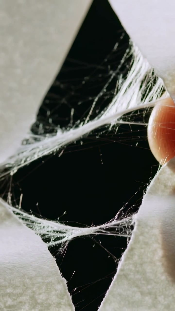 Vertical video: Pinching fingers pulling diamond tear in macro, tensing threads, showing black void