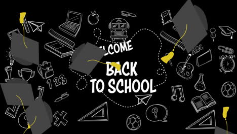 welcome back to school text and school icons against graduations hats falling