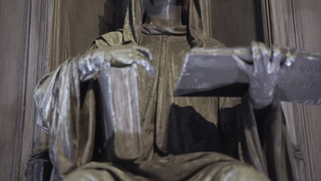 Statue-of-a-hooded-figure-with-a-book,raised-arm-at-night,alcove,Prague,Czechia