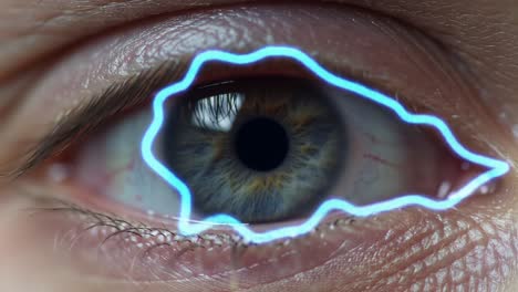 a close-up view of a human eye highlighted with glowing outline effects, showcasing intricate details of the iris and pupil in a futuristic style