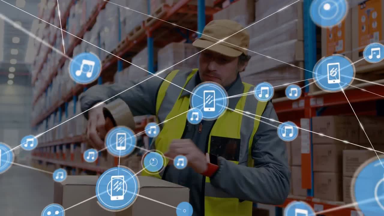 animación de la red de conexiones sobre el trabajador masculino caucásico en el almacén