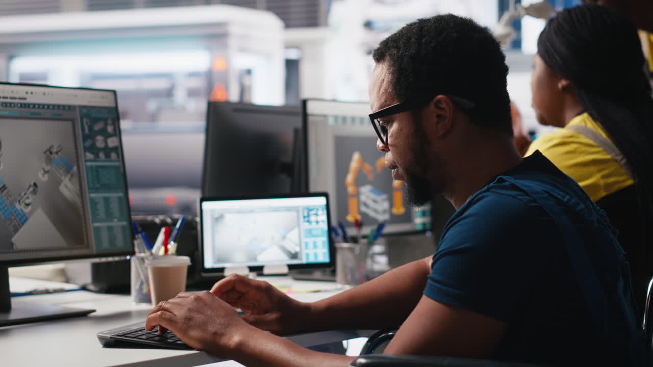 Vertical Video African american wheelchair user working in solar panel factory
