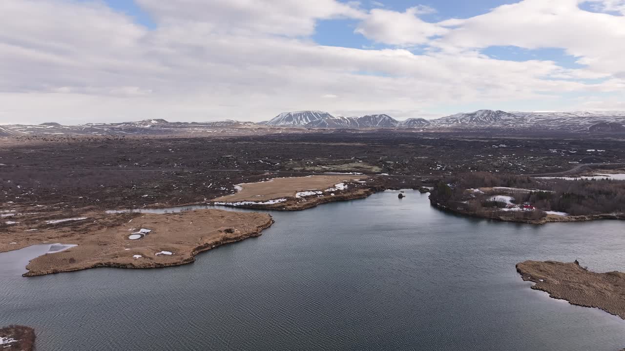 aerial of Lake Mývatn and surrounding lava fields near Reykjahlíð and Skútustaðir in Iceland