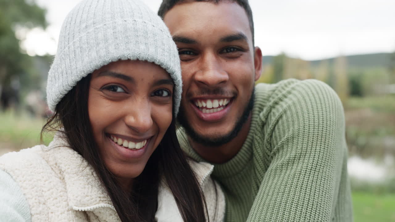 Camping, vlogging or happy couple in selfie