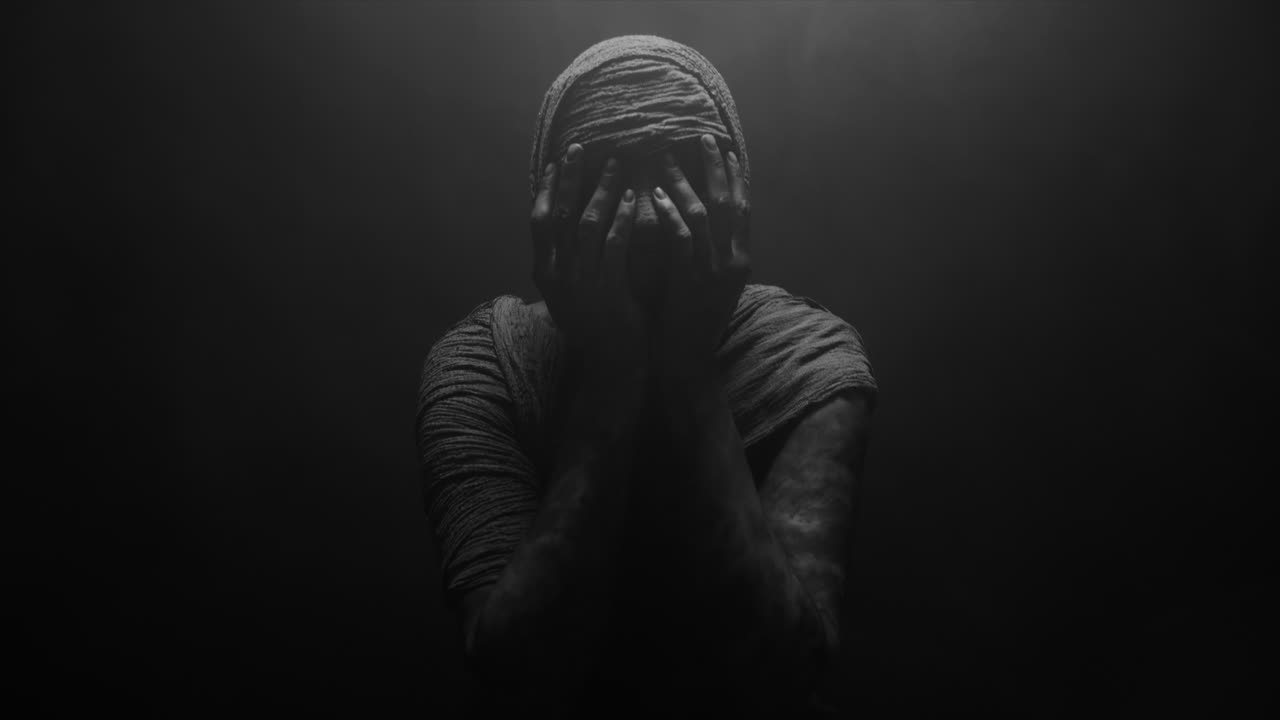 A mummified woman against the dark background in keeps her hands on her face the powerful pose full of despair