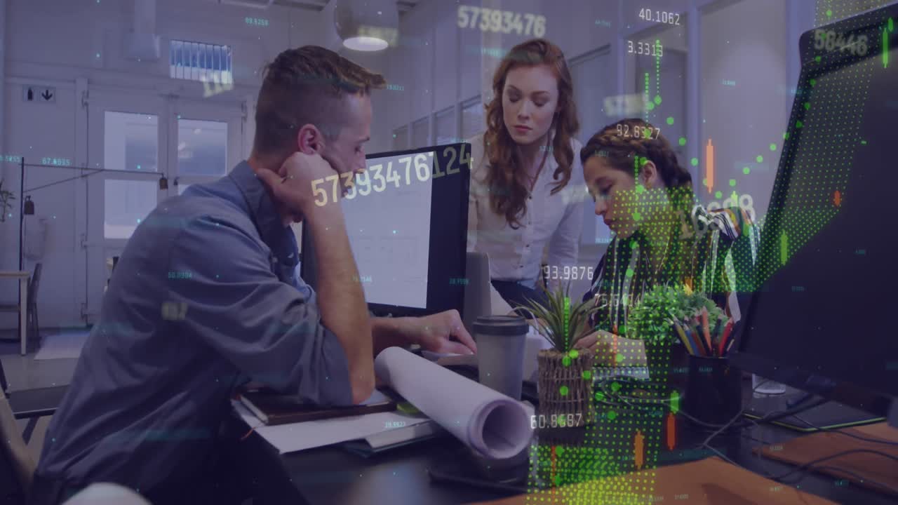 анимация статистики и обработки данных над различными деловыми людьми, работающими в офисе
