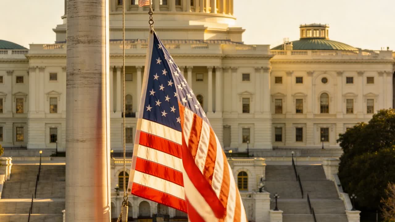 Raffiche di vento che fanno ondeggiare la bandiera americana in alto.