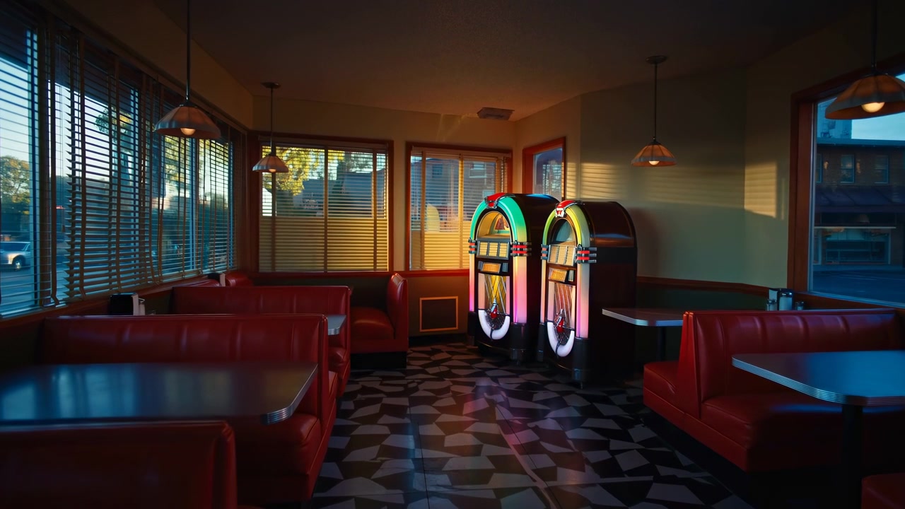 Due jukebox illuminati si trovano vicino al lato destro di una tavola calda retrò vuota, mentre pannelli al neon proiettano riflessi multicolori cangianti su un pavimento di piastrelle lucide e decorate, con sedili in vinile rosso e dettagli cromati.