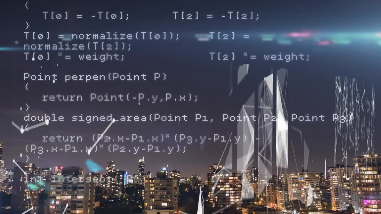 Animation of data processing over cityscape background