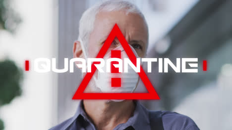 animation of text quarantine, over triangle, with man in face mask in city street