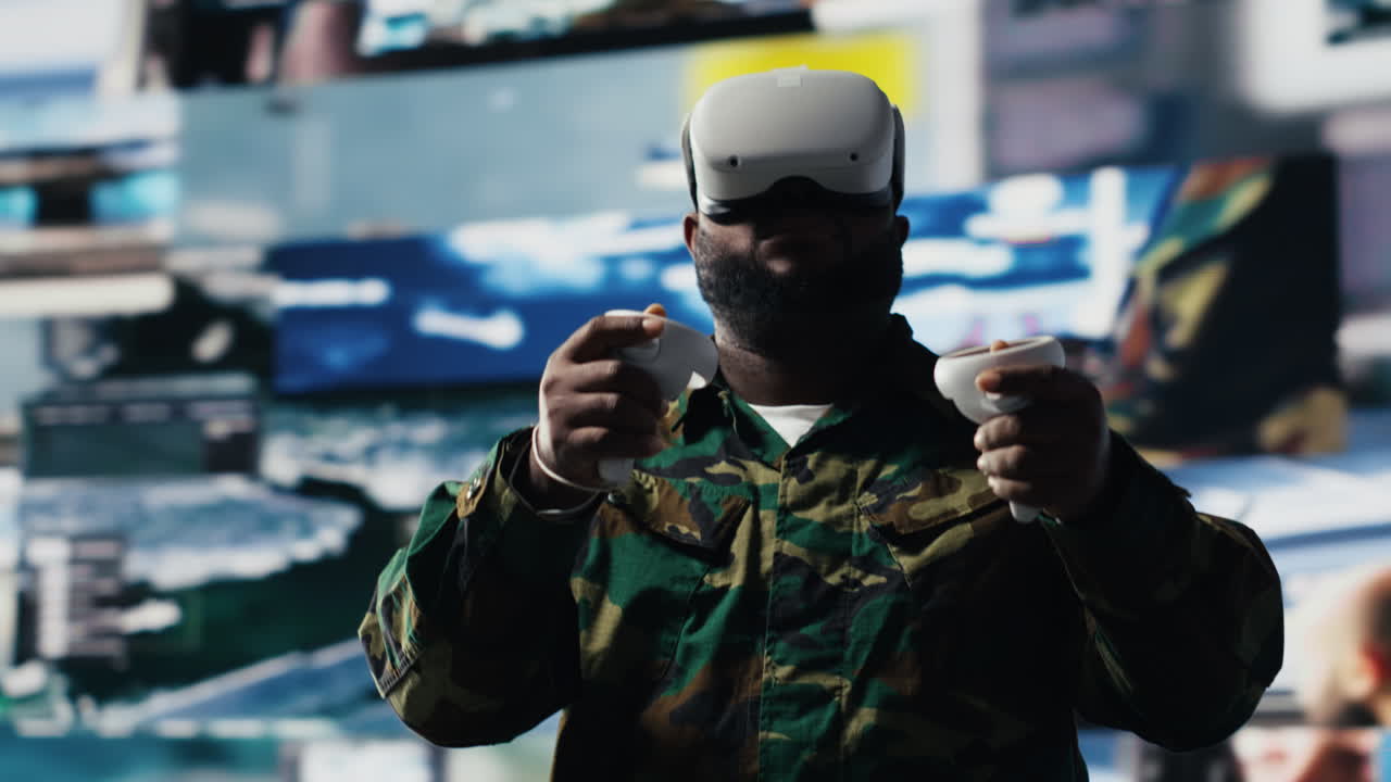 African american soldier working with virtual reality headset in control center
