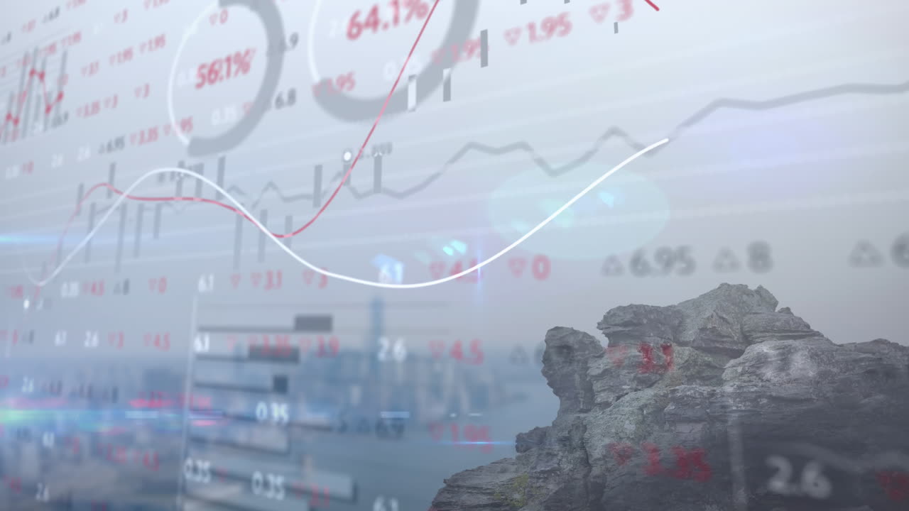 도시 풍경 위의 금융 데이터 처리 애니메이션