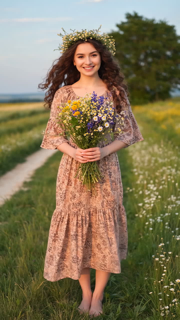 Smiling woman with a bouquet of wildflowers in a meadow