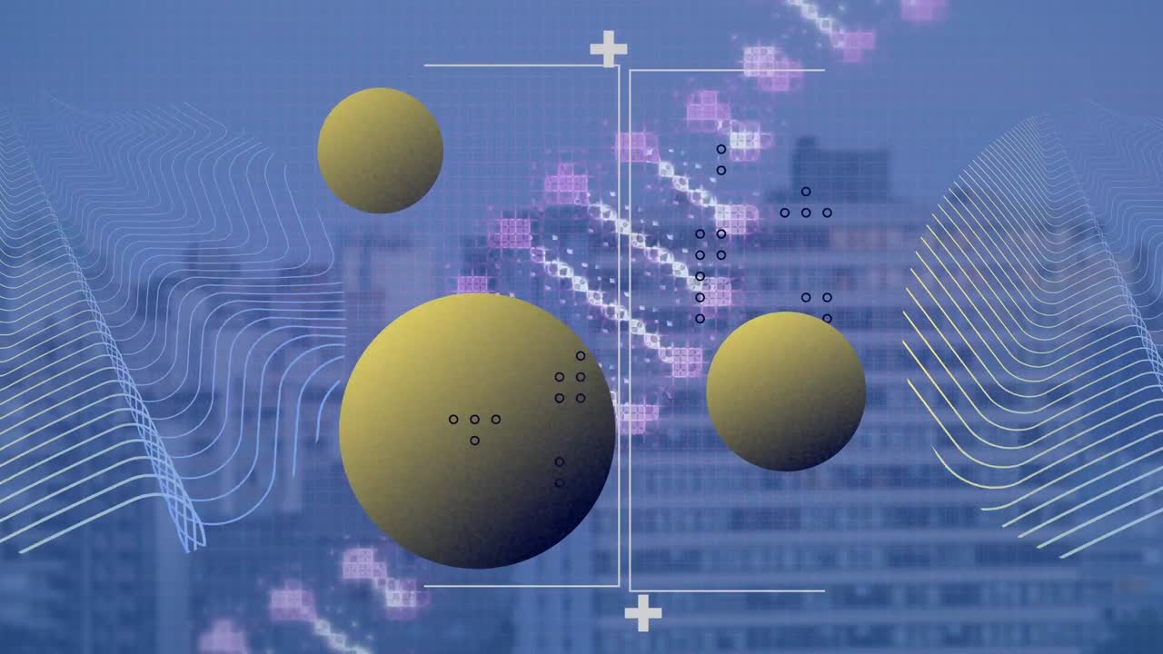 анимация форм и днк-потока над городским пейзажем