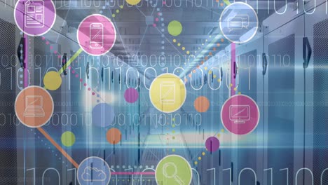 animación de iconos digitales, codificación binaria a través de servidores informáticos en segundo plano