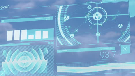 data analysis and performance metrics animation over sky background