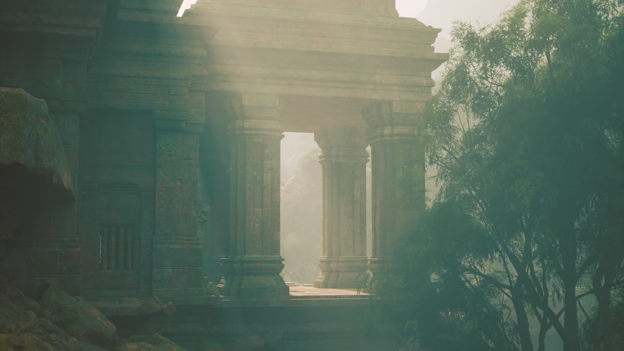Ruinas de un templo antiguo rodeadas por un bosque brumoso al amanecer