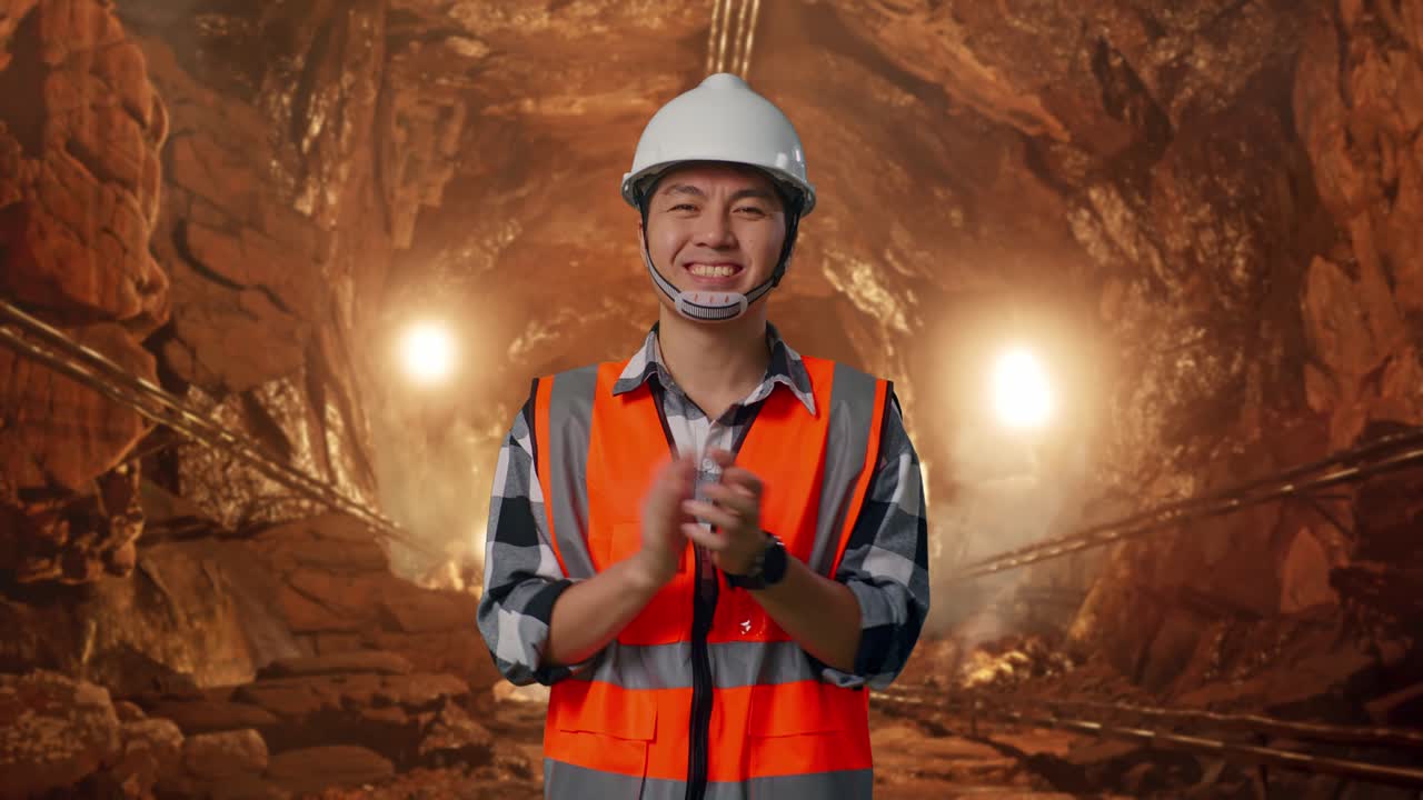 Asian Male Engineer With Safety Helmet Smiling And Clapping His Hands While Standing In Underground Mine Tunnel