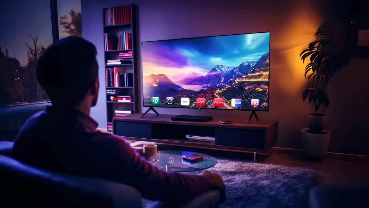 A man watches a vibrant video on a large TV in a cozy, dimly lit living room