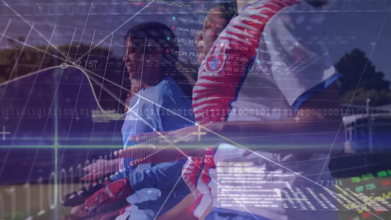 Female soccer players standing in line on grass camera pulling back data overlay moving across kits