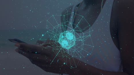 mundo de la red de conexiones contra la mujer afroamericana que usa un teléfono inteligente