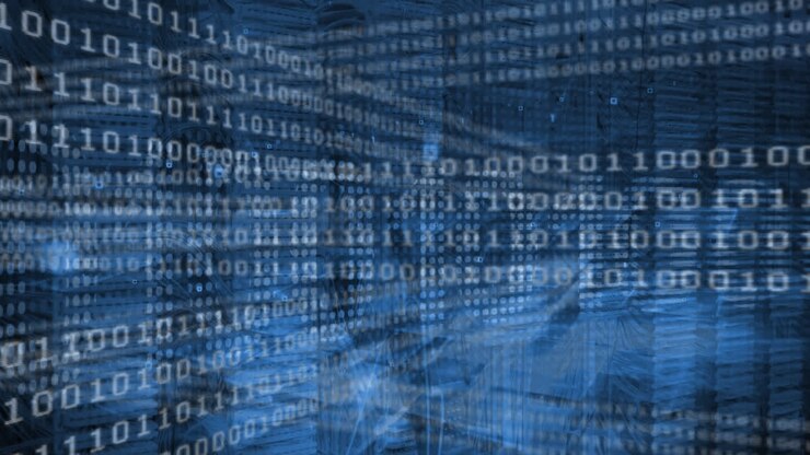 Animation of glowing binary coding and information overlapping and scrolling on computer screen