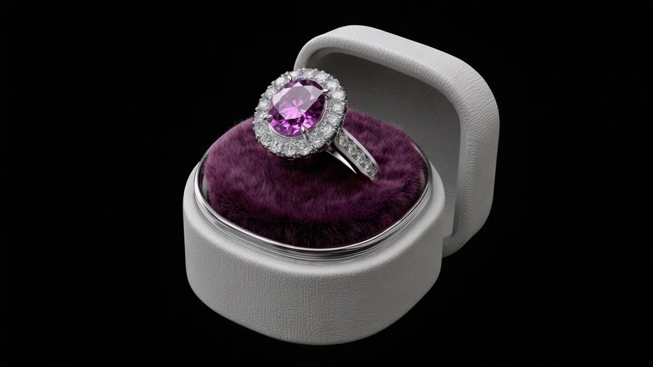 Un anello mozzafiato con gemma viola presentato in una lussuosa scatola espositiva, che mostra dettagli intricati e accenti scintillanti per una collezione di gioielli elegante.