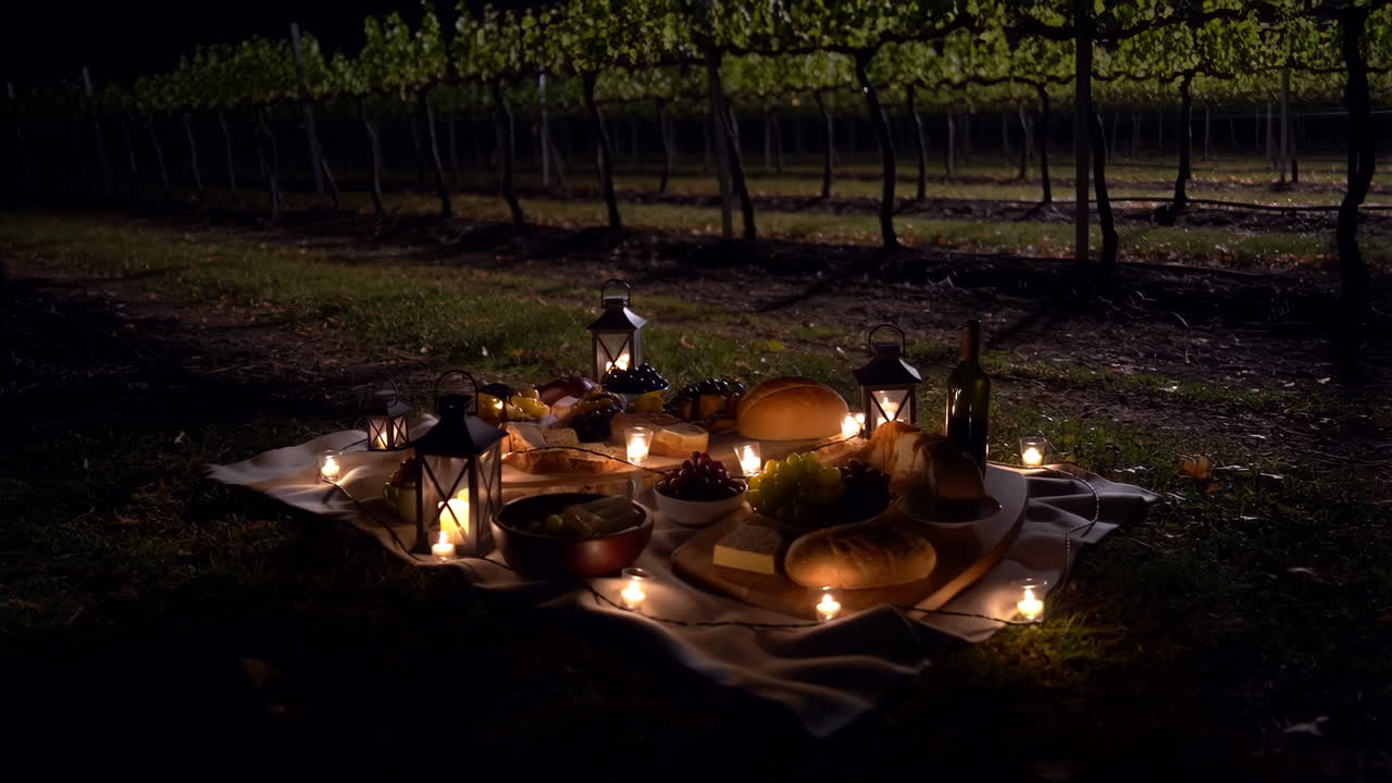 Cenário de Piquenique Noturno Romântico em um Vinhedo