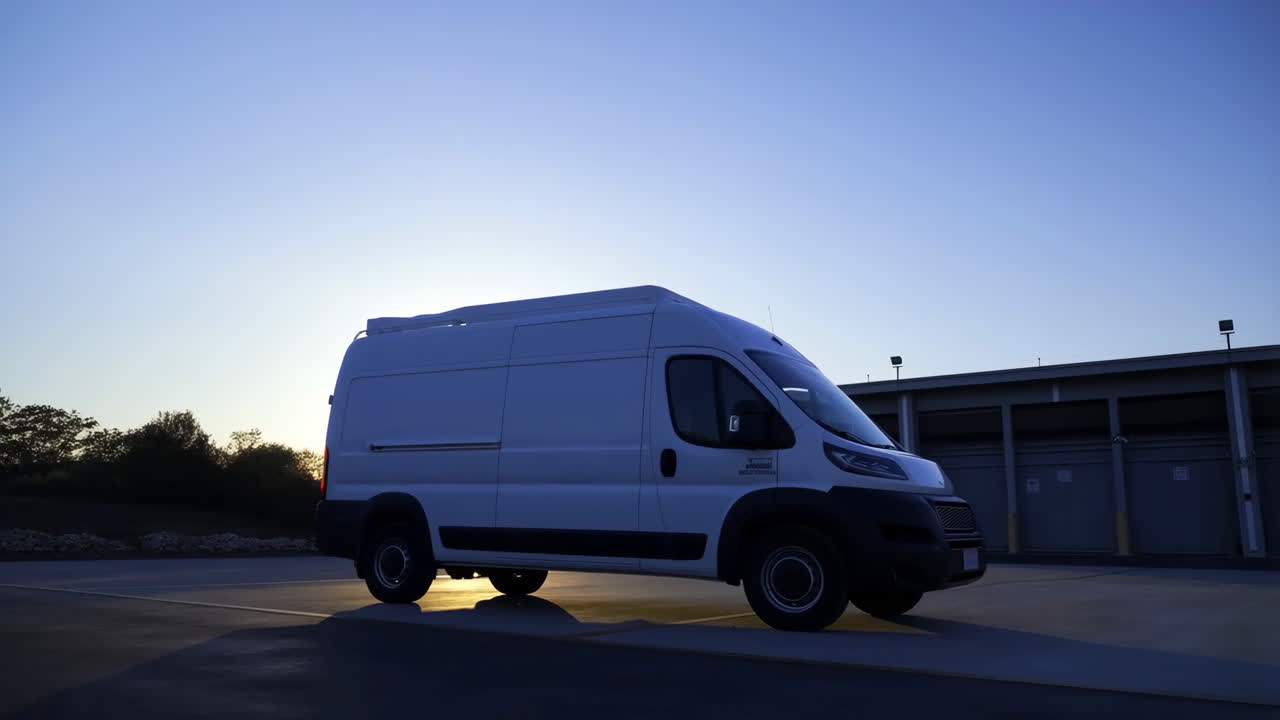 White Cargo Van Parked Outdoors at Sunrise or Sunset