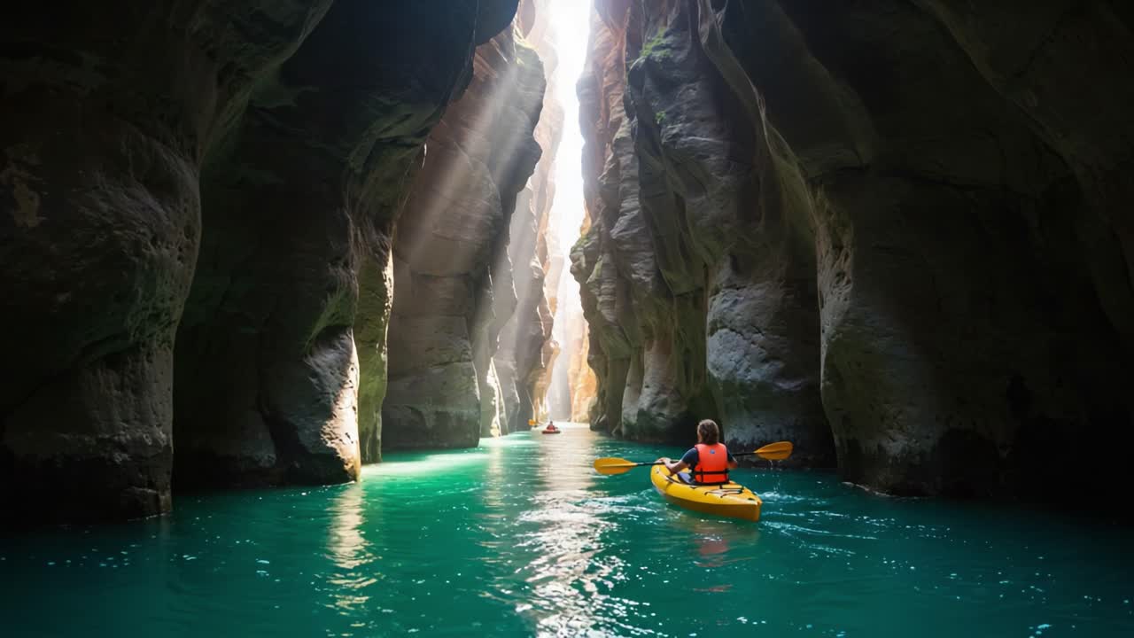 Kayaking through a sunlit canyon with turquoise water