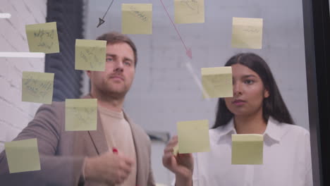 businessman and businesswoman brainstorming with sticky notes on glass window