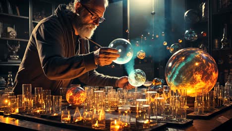 scientist conducts experiments with glass orbs and glowing liquids