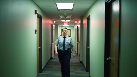 a law enforcement officer patrolling a dimly lit hallway in a building, ensuring security and safety amidst unsettled shadows and ambient lighting