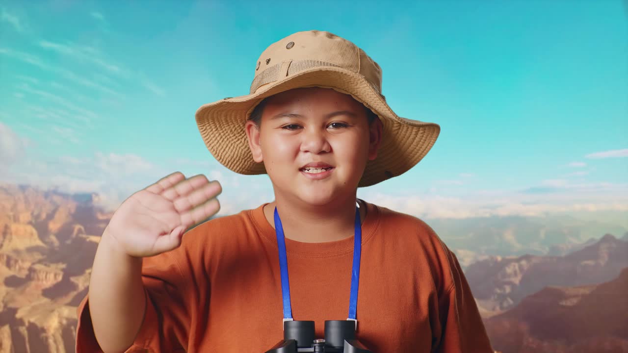 Asian Boy With Hat And Binoculars Using Magnifying Glass, Smiling And Waving Hand While Traveling At The Top Of Mountain. Boy Researcher Examines Something, Travel Adventure, Close Up