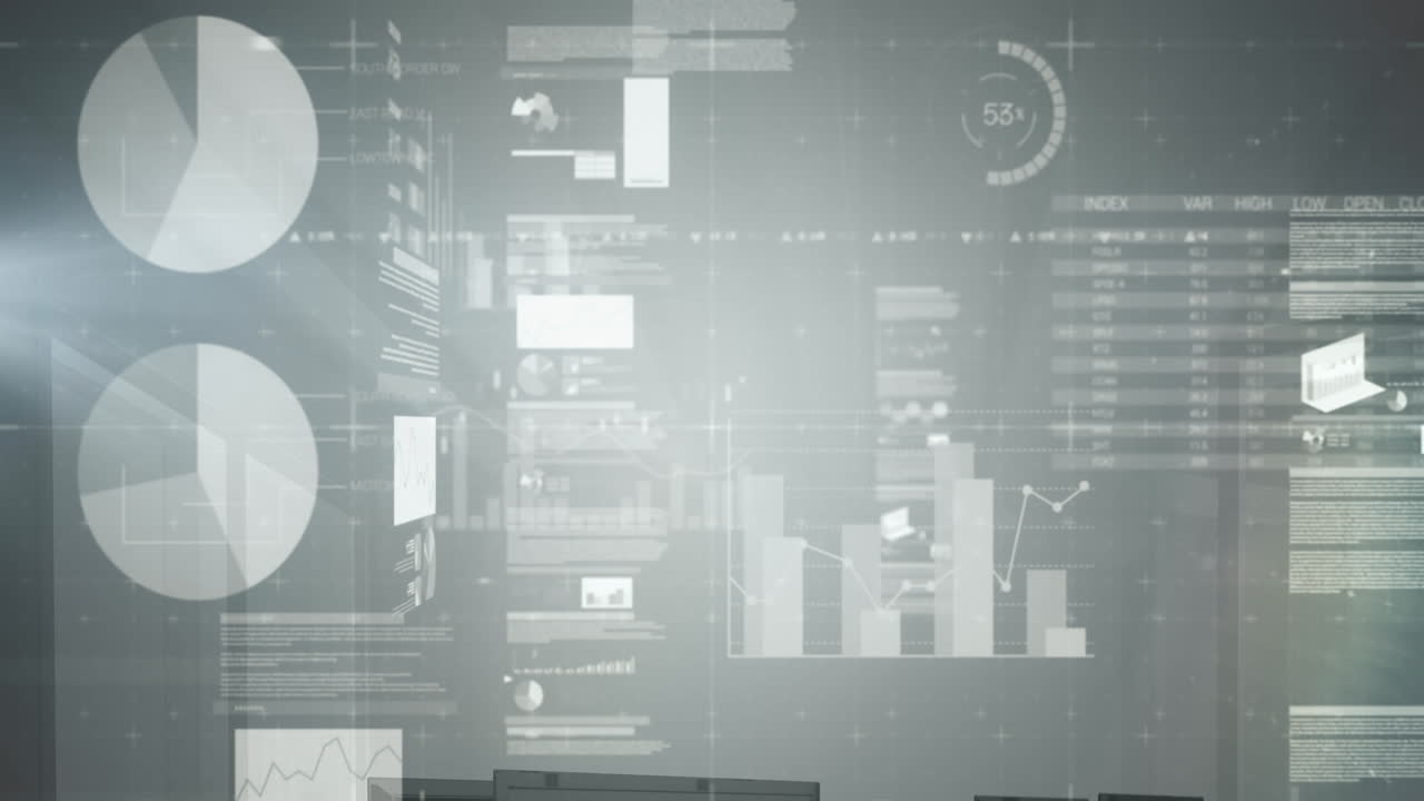 Animation af finansiel databehandling over grå baggrund