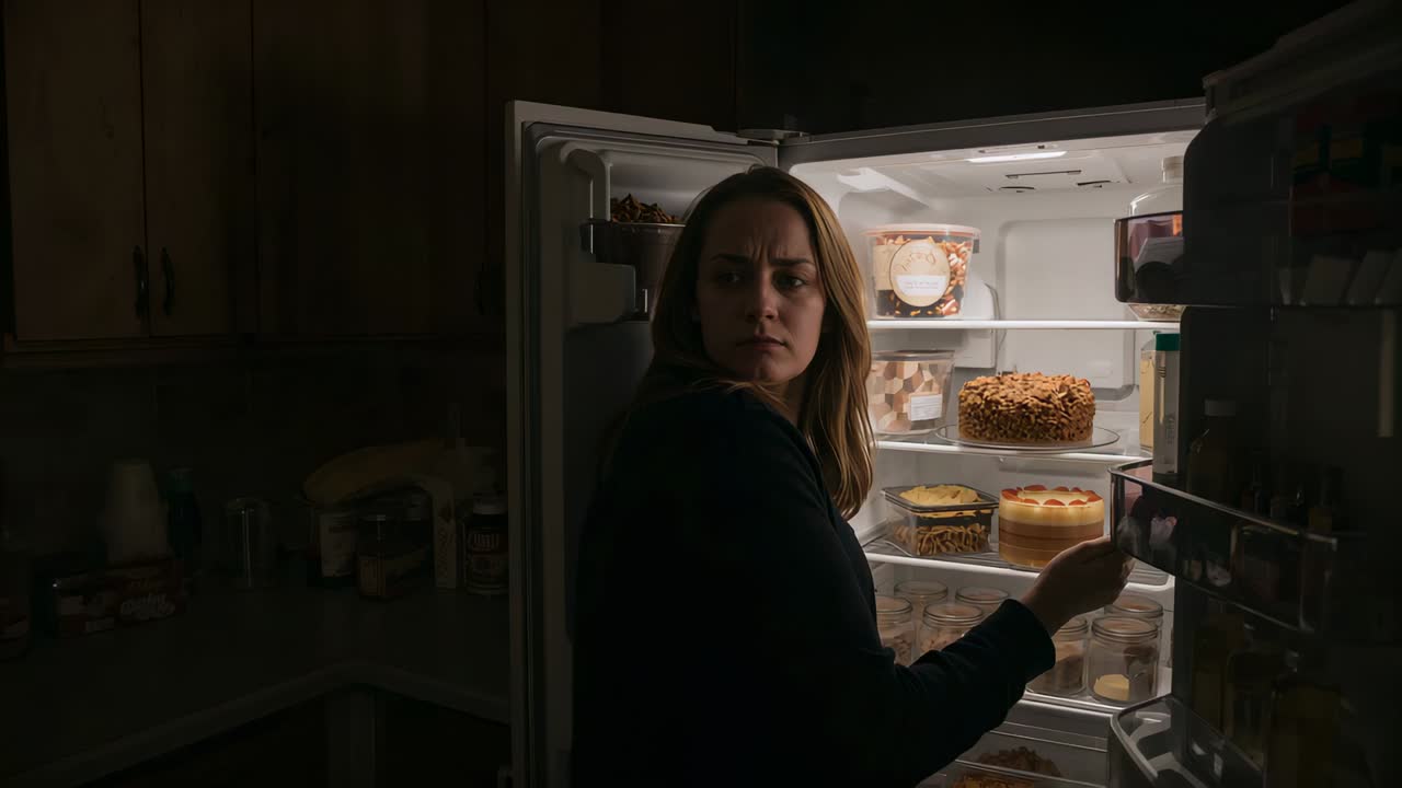 Žena sahá do lednice, má na sobě tmavé triko s dlouhým rukávem, bere dorty v kuchyni v noci a slyší zvuk