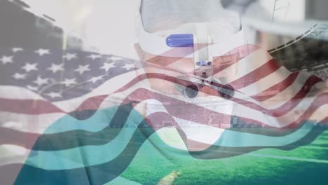 Schwenkende-Amerikanische-Flagge-über-Chirurgen,-Der-Lupen-Gegen-Sportstadion-Trägt