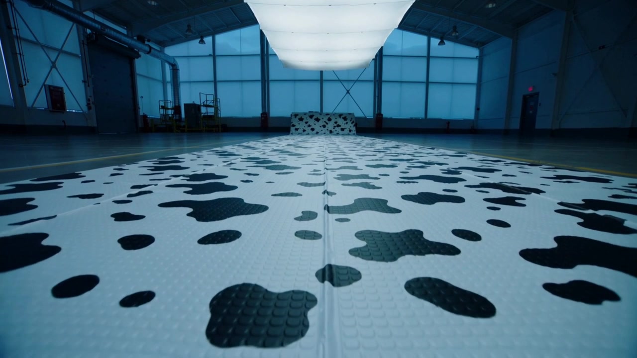 Operator pushing camera forward over spotted mat in hangar, revealing seam and overhead light