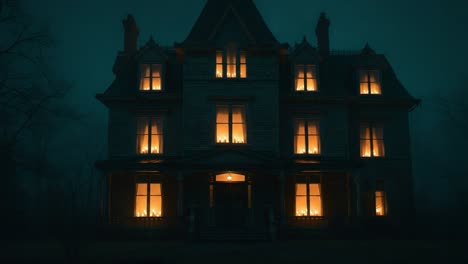 A Hauntingly Beautiful Glow Illuminates the Abandoned Victorian Mansion Amidst a Mysterious Fog, Creating an Enigmatic Atmosphere of Eerie Charm and Intrigue