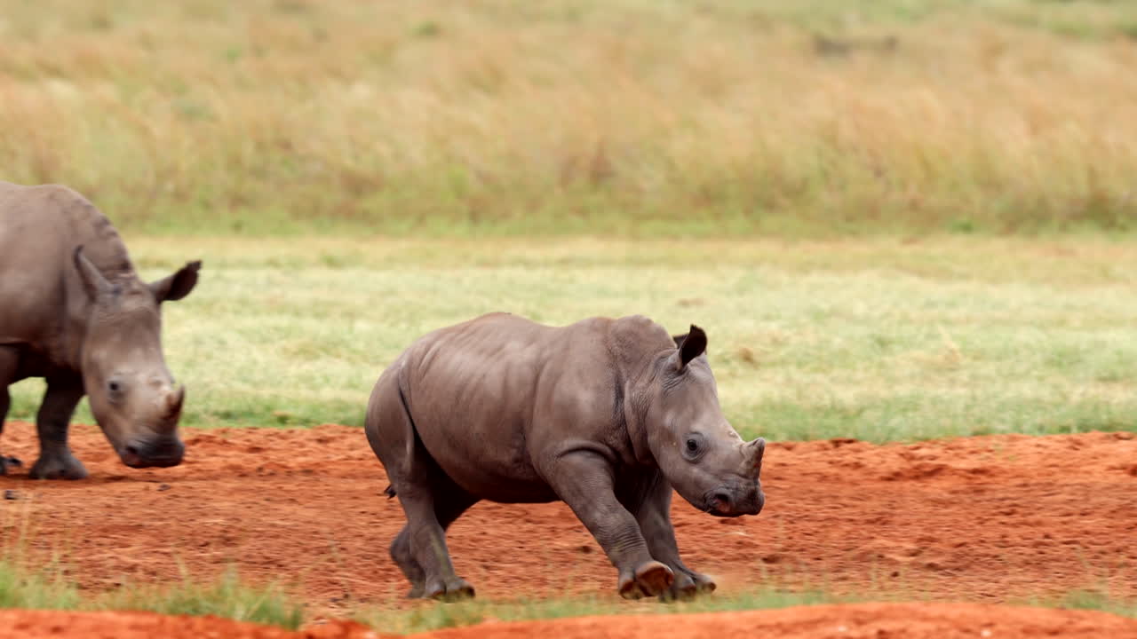 Playful baby rhino runs off with too much energy in funny moment