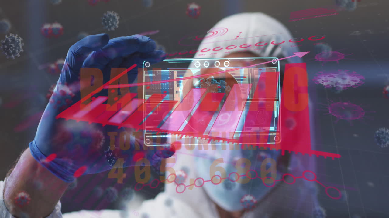 animación del diagrama, las células del virus y la interfaz digital sobre un médico que lleva una máscara facial